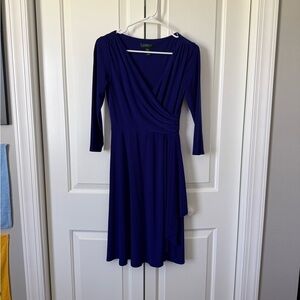 Ralph Lauren Deep Royal Blue Faux-Wrap Long Sleeve Midi Dress